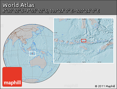 Gray Location Map of the Area around 8° 12' 42" S, 119° 55' 30" E, hill shading