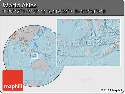 Gray Location Map of the Area around 8° 12' 42" S, 119° 55' 30" E, hill shading