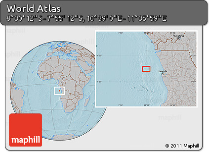 Gray Location Map of the Area around 8° 12' 42" S, 11° 7' 30" E, hill shading