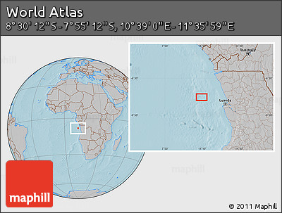 Gray Location Map of the Area around 8° 12' 42" S, 11° 7' 30" E, hill shading