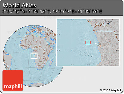 Gray Location Map of the Area around 8° 12' 42" S, 11° 7' 30" E, hill shading