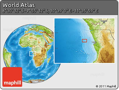 Physical Location Map of the Area around 8° 12' 42" S, 11° 7' 30" E