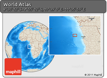 Shaded Relief Location Map of the Area around 8° 12' 42" S, 11° 7' 30" E