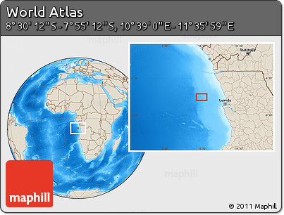 Shaded Relief Location Map of the Area around 8° 12' 42" S, 11° 7' 30" E
