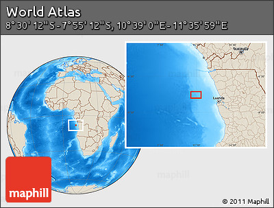 Shaded Relief Location Map of the Area around 8° 12' 42" S, 11° 7' 30" E