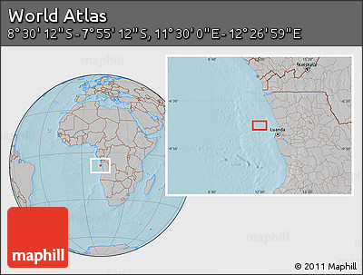 Gray Location Map of the Area around 8° 12' 42" S, 11° 58' 29" E, hill shading