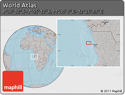 Gray Location Map of the Area around 8° 12' 42" S, 11° 58' 29" E, hill shading