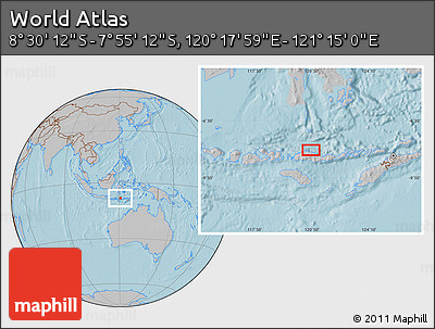 Gray Location Map of the Area around 8° 12' 42" S, 120° 46' 30" E, hill shading