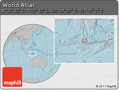 Gray Location Map of the Area around 8° 12' 42" S, 120° 46' 30" E, hill shading