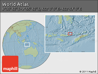 Savanna Style Location Map of the Area around 8° 12' 42" S, 122° 28' 29" E, hill shading