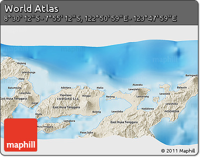 Shaded Relief 3D Map of the Area around 8° 12' 42" S, 123° 19' 29" E