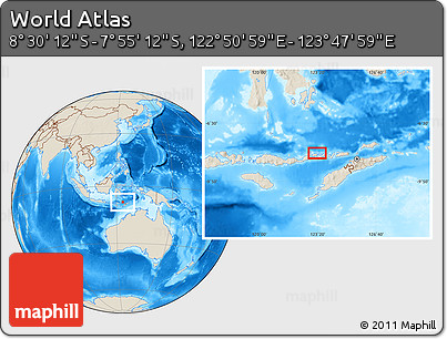Shaded Relief Location Map of the Area around 8° 12' 42" S, 123° 19' 29" E