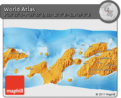 Political 3D Map of the Area around 8° 12' 42" S, 124° 10' 30" E