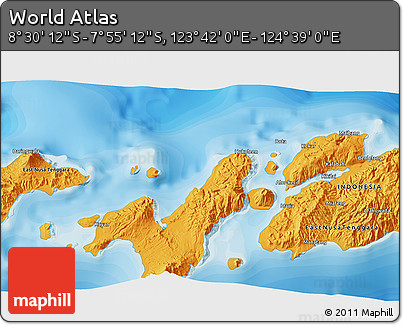 Political 3D Map of the Area around 8° 12' 42" S, 124° 10' 30" E
