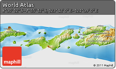 Physical Panoramic Map of the Area around 8° 12' 42" S, 124° 10' 30" E
