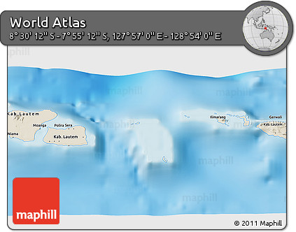 Shaded Relief 3D Map of the Area around 8° 12' 42" S, 128° 25' 30" E