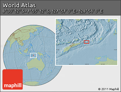 Savanna Style Location Map of the Area around 8° 12' 42" S, 128° 25' 30" E, hill shading