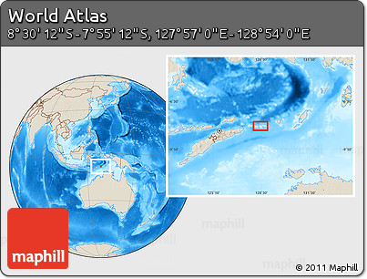 Shaded Relief Location Map of the Area around 8° 12' 42" S, 128° 25' 30" E