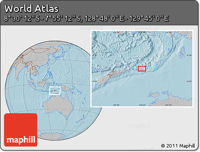 Gray Location Map of the Area around 8° 12' 42" S, 129° 16' 30" E, hill shading