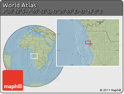 Savanna Style Location Map of the Area around 8° 12' 42" S, 12° 49' 29" E, hill shading