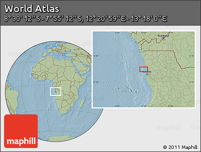 Savanna Style Location Map of the Area around 8° 12' 42" S, 12° 49' 29" E, hill shading