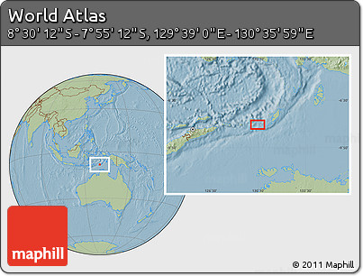 Savanna Style Location Map of the Area around 8° 12' 42" S, 130° 7' 30" E, hill shading