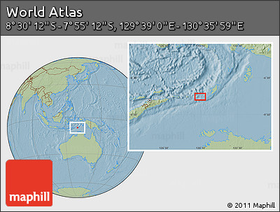 Savanna Style Location Map of the Area around 8° 12' 42" S, 130° 7' 30" E, hill shading