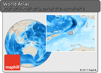 Shaded Relief Location Map of the Area around 8° 12' 42" S, 130° 7' 30" E