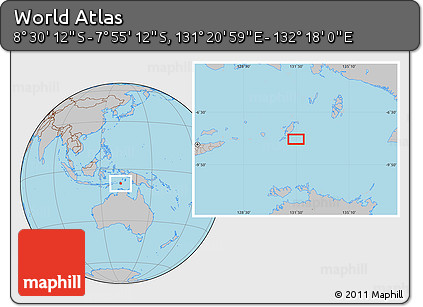 Gray Location Map of the Area around 8° 12' 42" S, 131° 49' 29" E