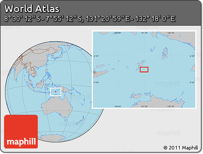 Gray Location Map of the Area around 8° 12' 42" S, 131° 49' 29" E