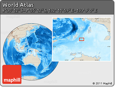 Shaded Relief Location Map of the Area around 8° 12' 42" S, 132° 40' 30" E