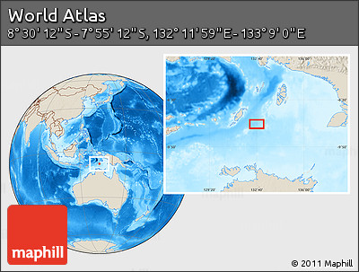Shaded Relief Location Map of the Area around 8° 12' 42" S, 132° 40' 30" E