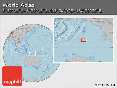 Gray Location Map of the Area around 8° 12' 42" S, 134° 22' 30" E, hill shading