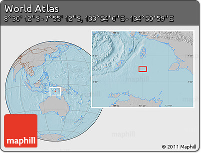 Gray Location Map of the Area around 8° 12' 42" S, 134° 22' 30" E, hill shading