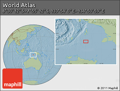 Savanna Style Location Map of the Area around 8° 12' 42" S, 134° 22' 30" E, hill shading