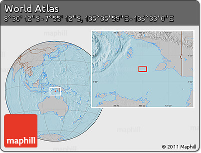 Gray Location Map of the Area around 8° 12' 42" S, 136° 4' 29" E, hill shading