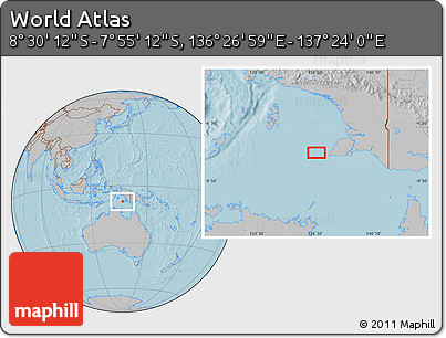 Gray Location Map of the Area around 8° 12' 42" S, 136° 55' 30" E, hill shading