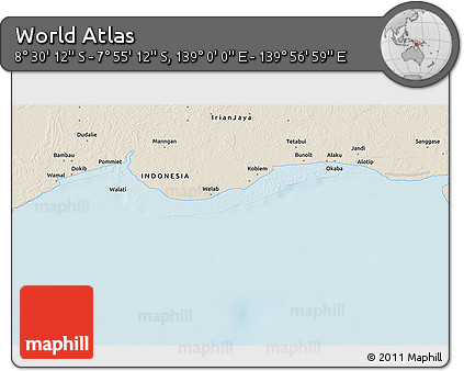 Shaded Relief 3D Map of the Area around 8° 12' 42" S, 139° 28' 29" E