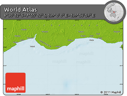 Physical Map of the Area around 8° 12' 42" S, 139° 28' 29" E