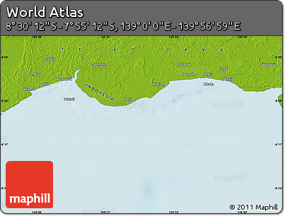 Physical Map of the Area around 8° 12' 42" S, 139° 28' 29" E