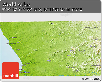 Physical 3D Map of the Area around 8° 12' 42" S, 13° 40' 30" E