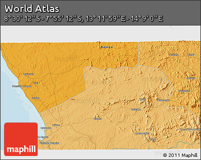 Political 3D Map of the Area around 8° 12' 42" S, 13° 40' 30" E