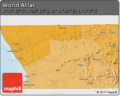 Political 3D Map of the Area around 8° 12' 42" S, 13° 40' 30" E
