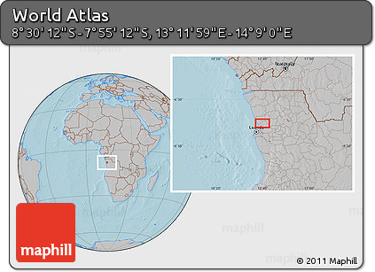 Gray Location Map of the Area around 8° 12' 42" S, 13° 40' 30" E, hill shading