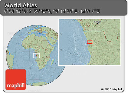 Savanna Style Location Map of the Area around 8° 12' 42" S, 13° 40' 30" E, hill shading