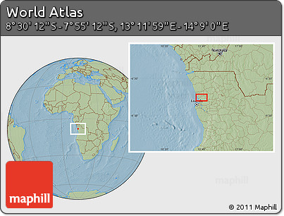 Savanna Style Location Map of the Area around 8° 12' 42" S, 13° 40' 30" E, hill shading