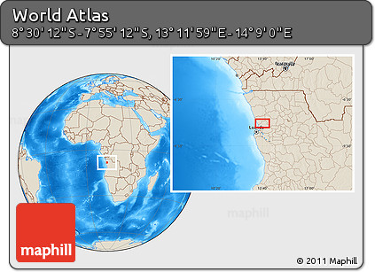Shaded Relief Location Map of the Area around 8° 12' 42" S, 13° 40' 30" E