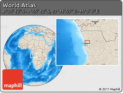 Shaded Relief Location Map of the Area around 8° 12' 42" S, 13° 40' 30" E