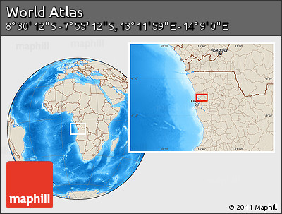 Shaded Relief Location Map of the Area around 8° 12' 42" S, 13° 40' 30" E