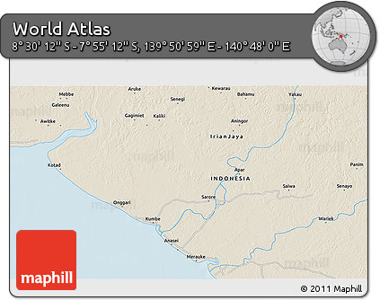 Shaded Relief 3D Map of the Area around 8° 12' 42" S, 140° 19' 29" E
